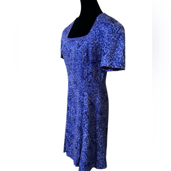 Vintage Purple Floral Silk Dress Size 10 Modest Short Sleeve Square Neck - Picture 2 of 6